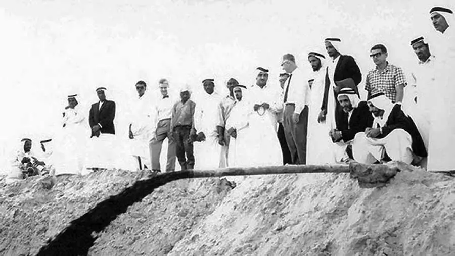 A photo of Sheikh Rashid and entourage discovering Dubai's new oil